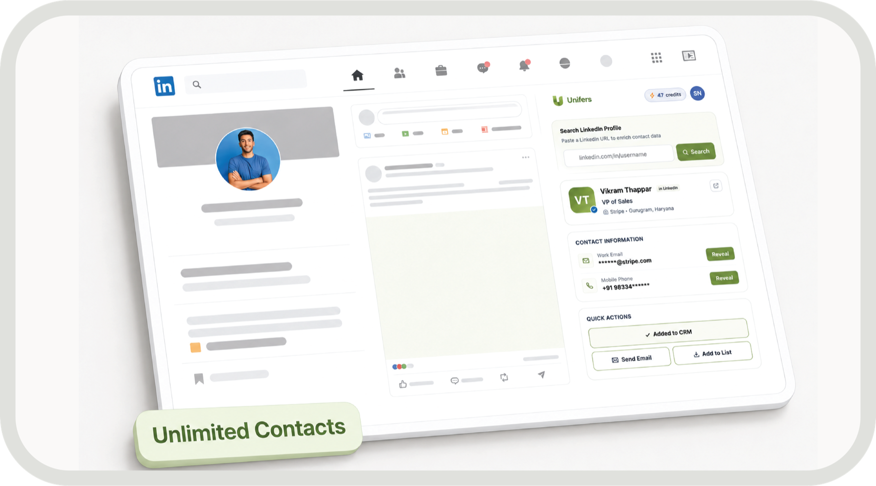 Unifers Chrome extension panel open on a LinkedIn profile, revealing a verified work email and mobile phone number