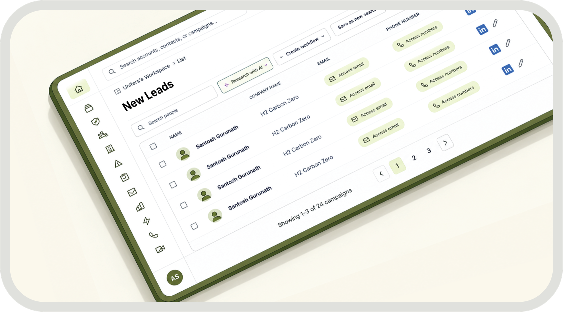 Unifers web app lead list showing contacts with one-click access to verified emails and phone numbers