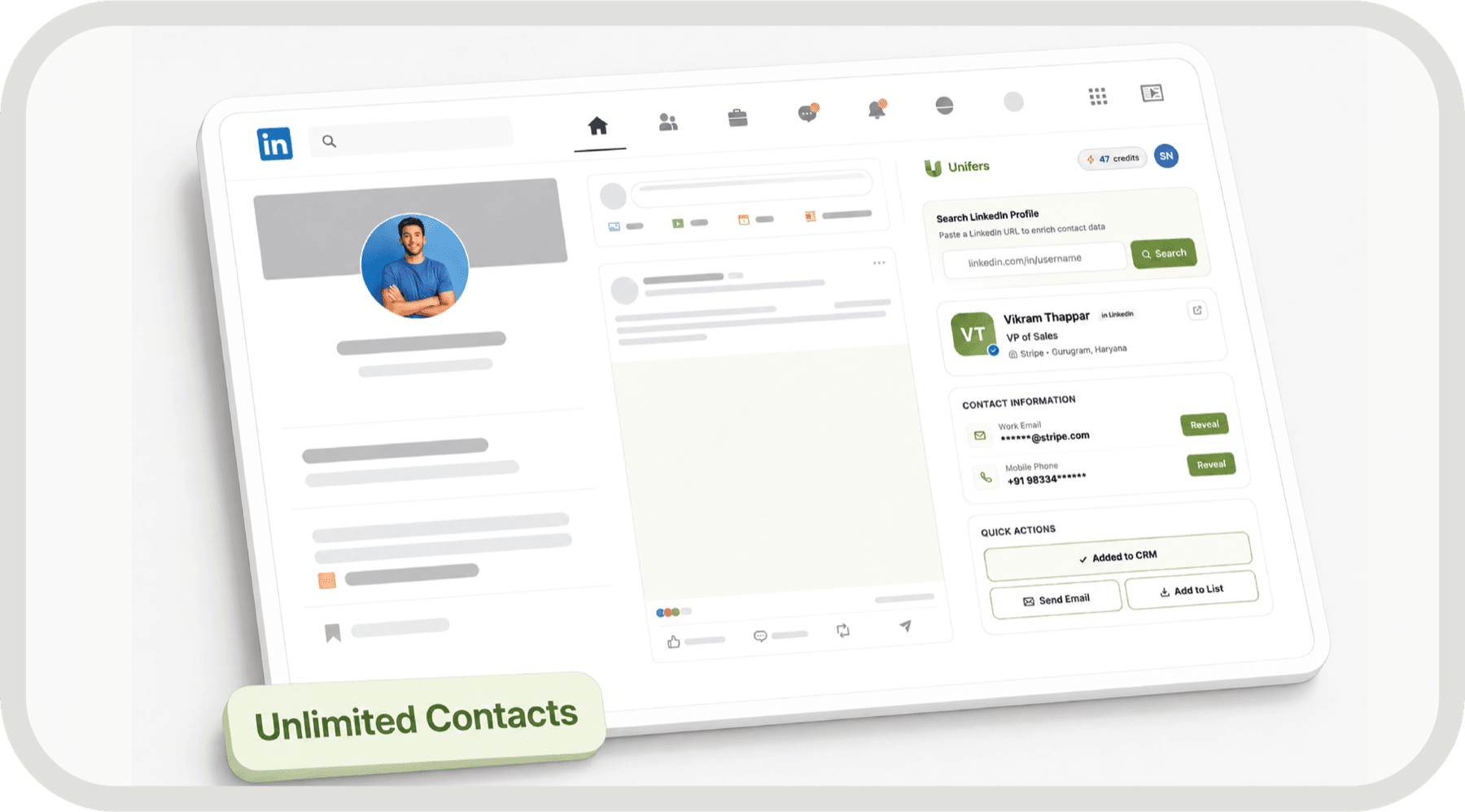 Unifers Chrome extension panel open on a LinkedIn profile, revealing a verified work email and mobile phone number