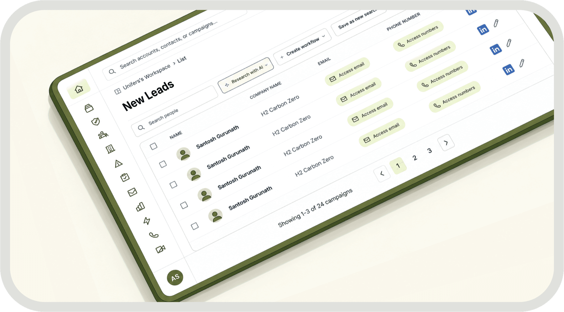 Unifers web app lead list showing contacts with one-click access to verified emails and phone numbers